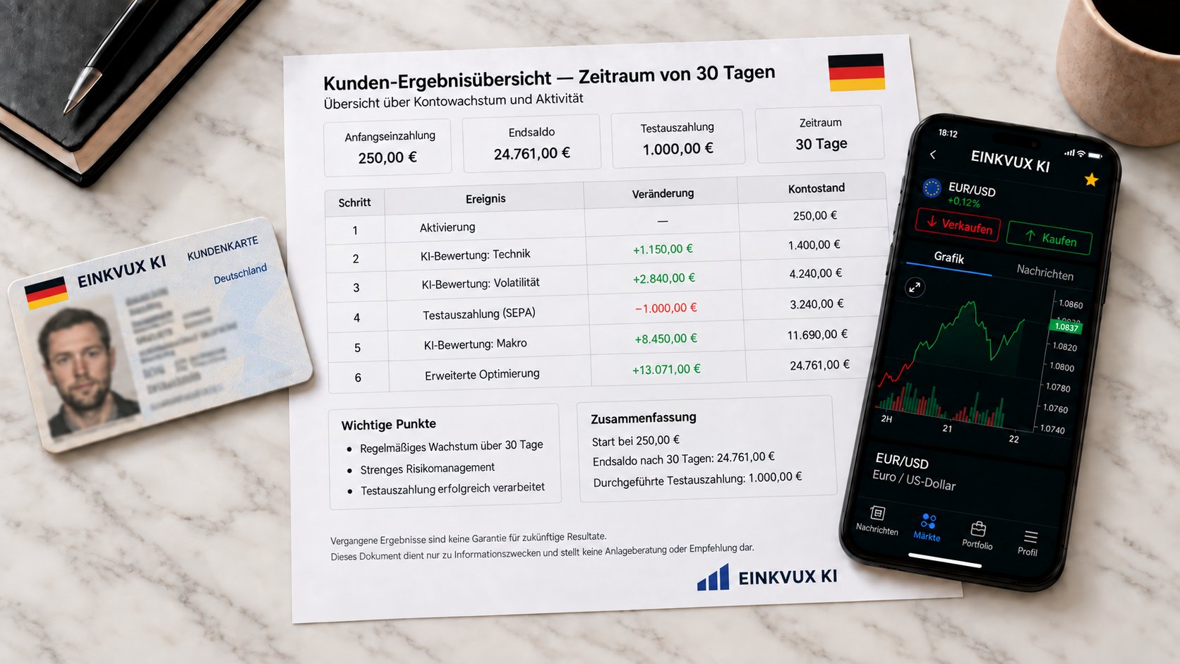 Die Entwicklung unseres Testkontos über 30 Tage